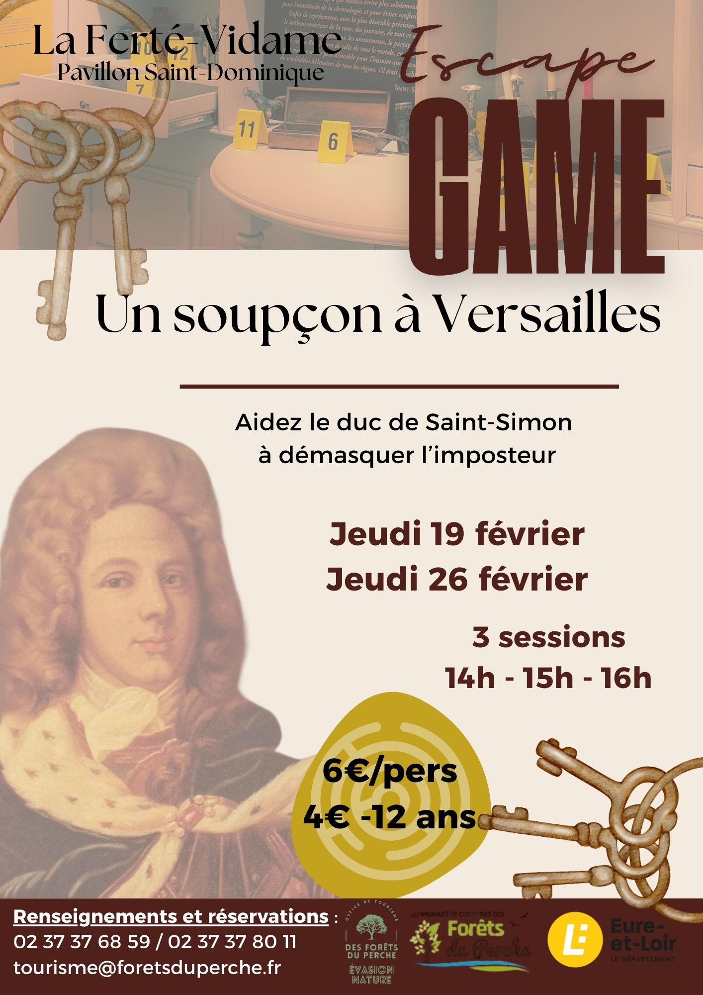 Affiche de l'escape game "Un soupçon à Versailles à La Ferté-Vidame dans le Perche