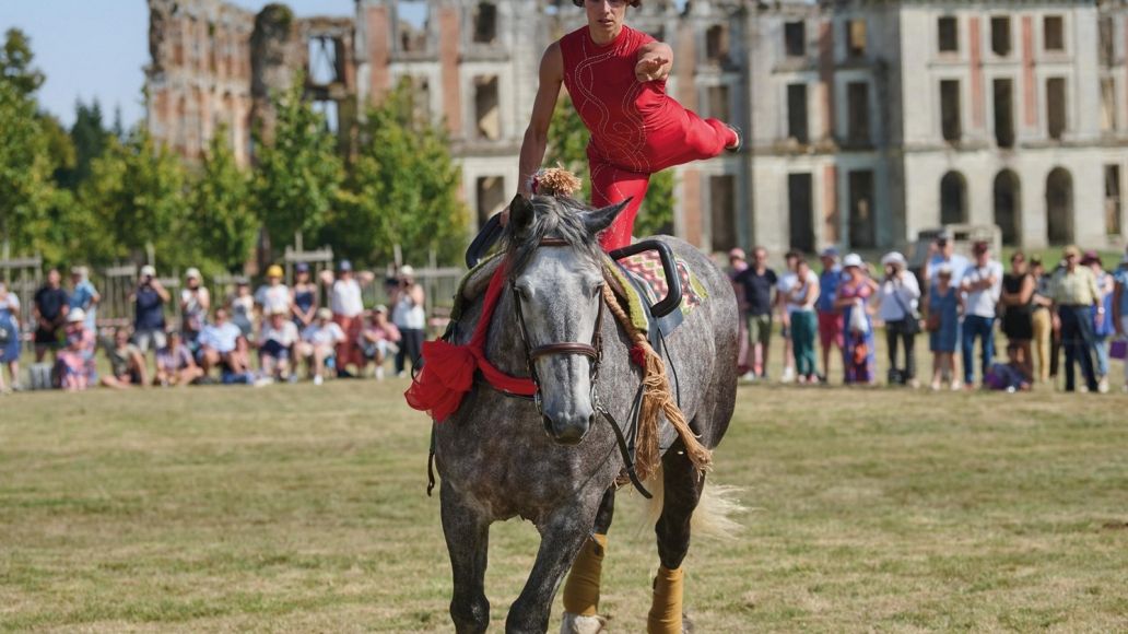 Voltige à dos de cheval percheron